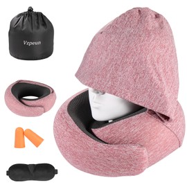 Vzpeun Travel Pillow with Hoodie - Memory Foam Neck Pillow for Airplane, Office, Car, Long Flights, Road Trips, Includes Eye Mask & Earplugs, Red