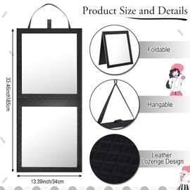 Foldable Backstage Mirror with Handle 33.5X 13.4 Inch Leather Folding Hanging Mirror Rectangular for Travel Dance Bag Home Fitness Spa Gift for Dancers（Black）