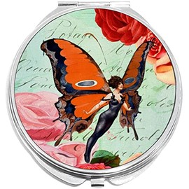 NewCharms Vintage Butterfly Girl Compact with Mirrors - Perfect Pocket and Purse Size Folding Mirror for Applying Make Up Anywhere