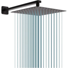 Rain Shower Head Black with Extension Arm 16 Inch Square Shower Head with 16 Inch Shower Arm Large Stainless Steel Rainfall Showerhead Matte Black Waterfall Full Body Coverage by GGStudy