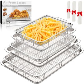 Air Fryer Basket for Oven, 3 Set Air Fryer Basket and Tray Set with 90 PCS Parchment Papers, THORSES Food Grade Non-Stick Stainless Steel Air Fryer Pan and Crisper Tray-Extra Large & Large & Medium