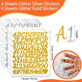 YINBEI 4 Sheets Gold 4 Sheets Silver Letter Number Stickers,1 Inch Glitter Vinyl Stick on Alphabet Numbers Stickers Self-Adhesive Decals for Graduation Cap,Water Bottles,Scrapbooking,DIY Craft,Mailbox