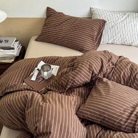 Lanqinglv Bed Linen 200 x 200 cm Brown Striped Allergy Sufferers Microfibre Bed Linen Set - Duvet Cover with Zip and 2 Pillowcases 80 x 80 cm