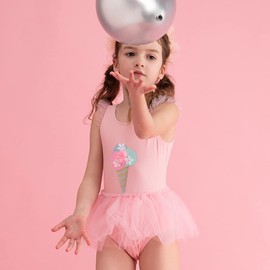 Julysand Toddler Girls One Piece Swimsuit Pink 3D Ice Cream Ruffled Bathing Suit Mesh Skirt Swimwear