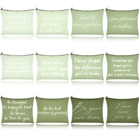 Fjoron 12 PCS Green Inspirational Canvas Makeup Bags Bulk Makeup Bags for Women Inspirational Quotes Cosmetics Bags with Zipper Gift for Valentine's Day Christmas Graduation