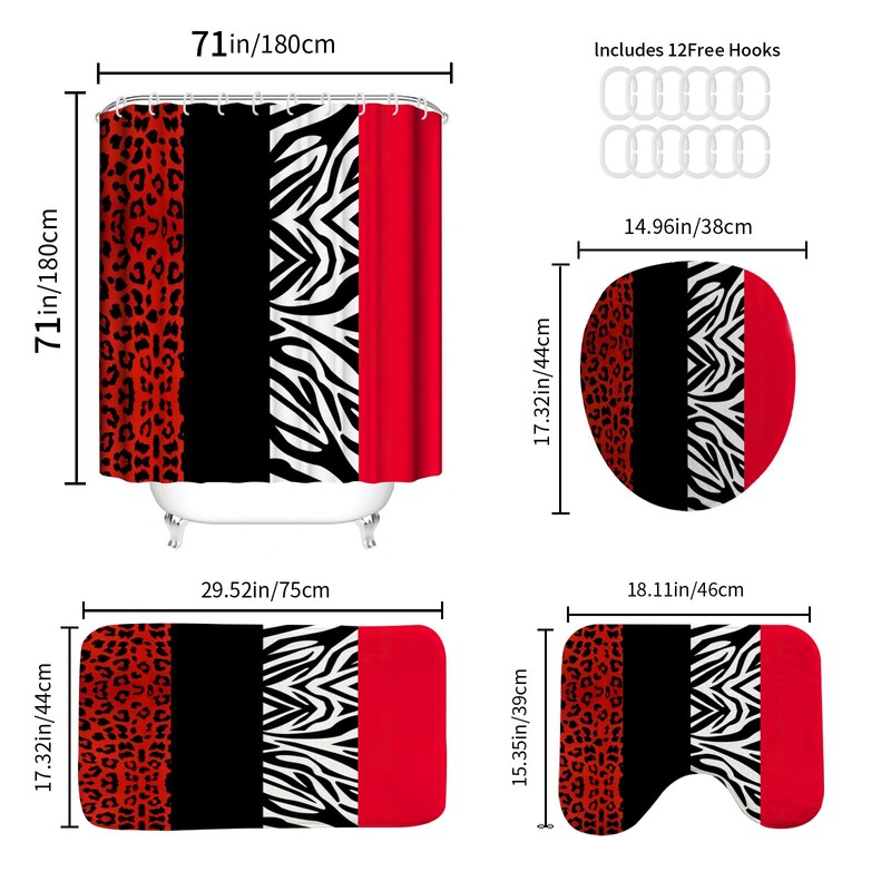 Onalasyc 4Pcs Red Cheetah Shower Curtain,Shower Curtain Sets with Rugs