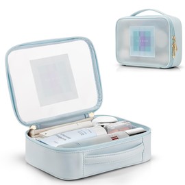 Vlando Travel Makeup Bag,Cute Makeup Bag for Teen Girl Gifts Trendy Stuff Clear Toiletry Bag for Women Graduation Gifts Birthday Gifts for Girls Make up Bag with Zipper and Handle-Blue