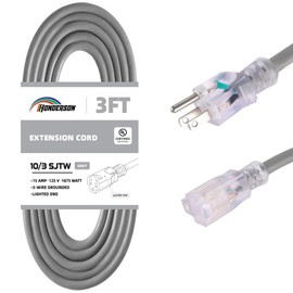 HONDERSON Extension Cord Weatherproof with Lighted End, UL Certified, 10 Gauge 3FT Grey 3 Prong Heavy Duty, 10/3 SJTW 15A Power Cord for Lights, Lawn