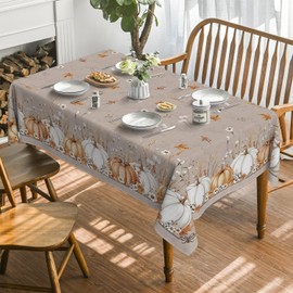 Horaldaily Fall Tablecloth 60×120 Inch Rectangular, White Orange Pumpkin Autumn Harvest Grain Washable Seasonal Table Cover for Party Picnic Dinner Decor