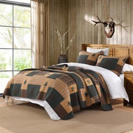 QuiltEase Cabin Plaid Quilts Queen Size - Queen Quilt Set, 100% Cotton Quilt Bedding Set Bedspreads, Lightweight Bear Forest Tree Deer Patchwork Comforter Set, Dark Brown/Dark Green/Beige, 3 PC