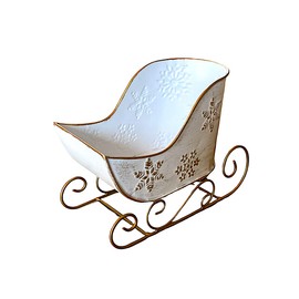 STC World Christmas Sleigh Metal Ornament Small Candy Storage Gift Tabletop Centerpiece Mantel Fireplace (White Snowflake)