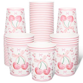 FYSUIMU 100 Pcs Pink Bow Cherry Paper Cups Coquette Bowknot The Cherry on Top Disposable Cups 9 oz Party Drinkware for Hot Cold Drinks Holiday Bachelorette Baby Shower Cherries Birthday Decorations