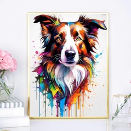 IPISSOI DIY 5D Dog Diamond Painting Kit for Beginners and Adults, Border Collie Gemstone Art, Colorful Animals Diamond Crafts, Diamond Art Kit for Home Office Decoration 12x16inch