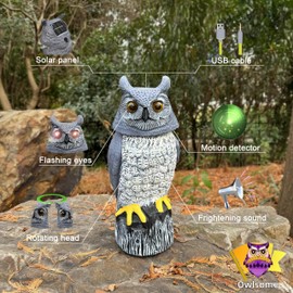 Owlsome Solar Owl with Colored Flashing Eyes, Rotating Head, Hoot Sound, Motion Detector and Silent Mode, Plastic Owl Garden Sculpture, Garden Decoration