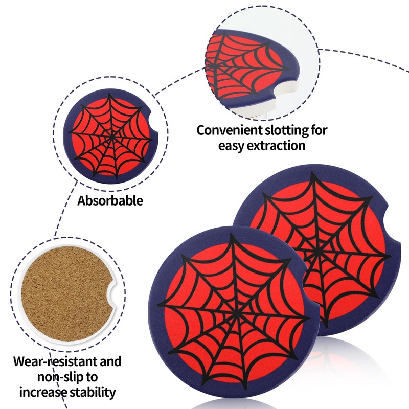 2pcs Red Spider Web Car Coasters, Non-Scratch Cork Base Cup