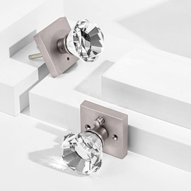 HIEMEY Privacy Glass Door Knob with Lock, Crystal Glass Door Knobs Interior, Bed Bath Door Knob Brushed Nickel Square Diamond, BS-002