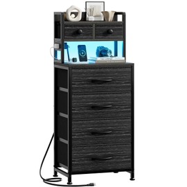 REAHOME 41 Inch Tall Nightstand with Charging Station, LED Night Stand with 6 Fabric Drawers, Bed Side Table with 3-Tier Wood Storage Shelves for Bedroom, Office, Small Spaces, Black Wood Grain