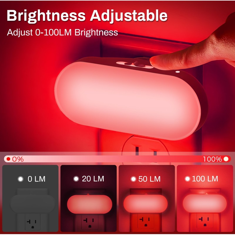 DORESshop Red Night Light, Auto On/Off, 0-100 LM Adjustable Brightness,