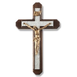 Needzo Sick Call Crucifix Set Including Two Candles, Glass Holy Water Bottle, Cotton and Full Instructions, Walnut Wood Cross with Imitation Pearl Inlay, 13 Inches