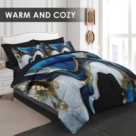 Pamnest Comforter Set Queen Size, Deep Blue Painting 7 Pcs Bedding Set for Kids and Adults, Gold Marble Stone Bed Sheet Sets with Fitted Sheet 2 Pillowcase & 2 Sham for Bedroom Bed Decor