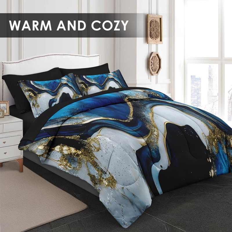 Pamnest Comforter Set Queen Size, Deep Blue Painting 7 Pcs