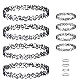 Pack of 12 Women's Choker Necklace, Elastic Choker, 90s Accessories, 4 Pieces Necklace, 4 Pieces Bracelet, 4 Pieces Ring, Tattoo Chain 90s, Black Choker Chain, Plastic, No Gemstone