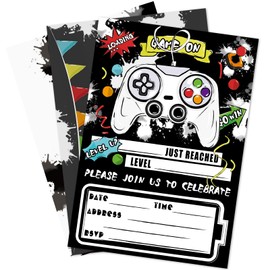 WERNNSAI Watercolor Video Game Party Invites - 20 Set Fill-in Invitations with Envelopes for Boys Game Theme Birthday Party Supplies Double-Sided Printed Invitation Cards