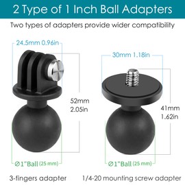 YALLSAME 1'' Ball Adapter with 1/4"-20 Threaded Stud for Action Camera, Ball Mount Adapter for GoPro/Insta360/DJI OSMO/AKASO with Thumb Screw, Fit for RAM Ball Head Mounts B Size Double Socket Arm