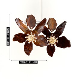 Unique Bohemian Oversized Acrylic Resin Flower Dangle Drop Earrings Summer Retro Large Sparkly Hawaii Crystal Flower Lei Stud Earrings for Women Statement Wedding Jewelry Gifts (Brown-9)