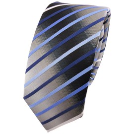 TigerTie Slim Designer Tie in Striped Patterned - Tie Binder Tie, Blue, light blue, silver, grey, white, black