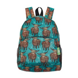 ECO CHIC Lightweight Foldable Water Resistant Mini Backpack Folds Into Pouch for Storage (Highland Cow Teal)