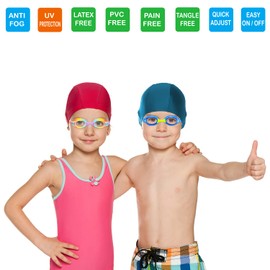 RUIGAO Kids Swim Goggles Age 3-8, Child Goggles Fbaric Strap, UV Protection/Anti-fog/No Hair Pull (2PK Kids - Rainbow/Blue)