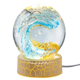 Hand Blown 3.1" Crystal Waves Ball Sea Glass Art Gifts for Women Men Ocean Figurines Decor Paperweight Coastal Decor for Home Aquarium Sphere Ornaments (Blue with Gold)