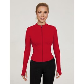 LUYAA Zip Up Jackets for Women Long Sleeve Compression Running Shirts Quick Dry Seamless Workout Jacket Cropped Red XS