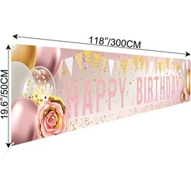Enjoyfun Cartel de cumpleaños con texto en inglés "Happy Birthday", grande de 299,7 x 50 cm, color rosa y dorado, decoración de fiesta de cumpleaños para niñas, mujeres, cumpleaños, celebración, banner al aire libre, suministros de fiesta para interiores