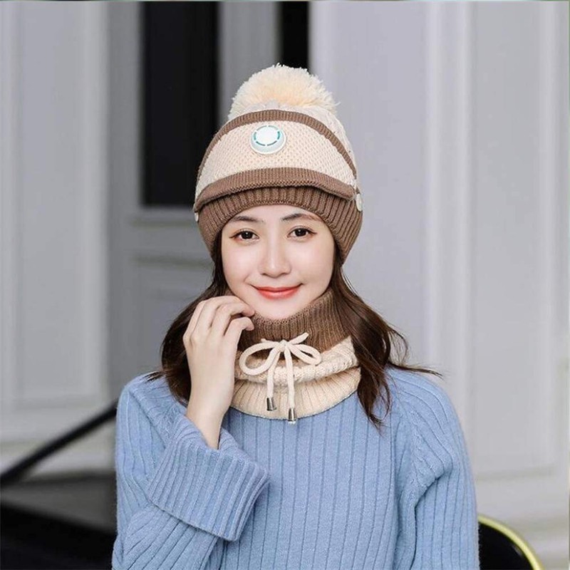 3pcs/Set Fashion Women Winter Knitted Hat Thickened Woolen Cap with