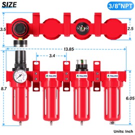 TAILONZ PNEUMATIC 3/8 Inch NPT 0-150 PSI Industrial Grade 4 Stage Air Drying System, Double Particulate Filter, Coalescing Filte,Desiccant Dryer and Air Regulator With Manual Drainage