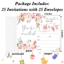 Gsauto Baby Shower Invitations for Girl, 25 Pink Clothes Double-Sided Gender Reveal Invites with Envelopes, Floral Invitation Cards for Party Favor Decorations -A14