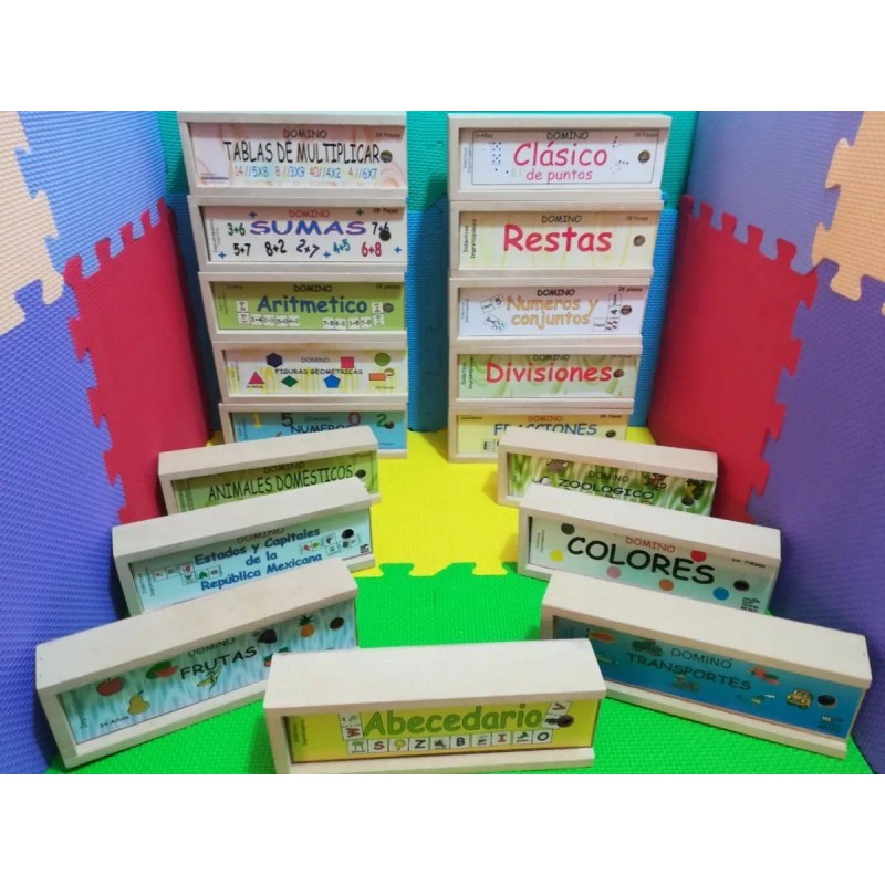 Domino Kit Con 5 Dominós De Madera Didácticos: 17 Modelos