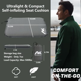 XplrKamp Inflatable Seat Cushion for Airplane Travel Camping Hiking, Comfortable Memory Foam Seat Cushion for Stadium Seat Bleacher, Sports Music Events, Car Truck Driver (1, Grey)