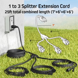 Eversimpleinc Black 1 to 3 Splitter Extension Cord (Combined 25 FT, End to End 13 FT), 3 Prong Plug with 3 Extended Outlets, with Weatherproof Covers for Indoor and Outdoor,16AWG/3C SJTW, ETL Listed