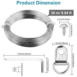 Picture Hanging Wire,30M Picture Wire Picture Frame Wire D Rings for Picture Hanging Crimping Loop Sleeve be Used for Indoor and Outdoor (Silver-131Pcs)