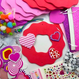 Valentine's Day Foam Heart Craft Kits Valentine Heart Ornaments Decorations 12 Sets Hearts Wreath DIY Crafts Kit Assorted Heart Foam Stickers Pom-poms Googly Eyes for Gift Exchange Activities