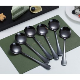 Black Soup Spoons, Kyraton 6-Piece Stainless Steel Round Spoon with Black Titanium Coating, Black Tablespoon, Spoon Cutlery Dishwasher Safe 6