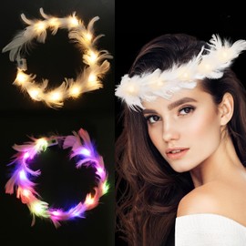 O-Kinee Feather Headband LED, Luminous Hair Wreath, Pack of 2 Headbands, Feather Wreath, Luminous, LED Hair Accessories for Women, Birthday, Festivals, Carnival, Wedding, Party Decoration