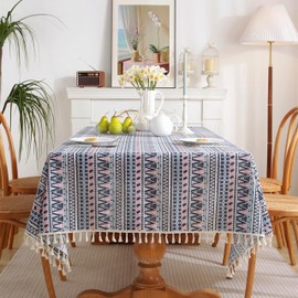 White Blue Pink Bohenian Boho Cotton Linen Table Clothes with Tassels for Rectangle Tables Striped Burlap Farmhouse Table Cover Wrinkle Resistant Table Top 55x 86 Inch for 6-8 Seats