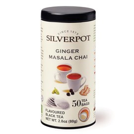 Silverpot Ginger Masala Chai, 50 Round Tea Bags, Tin | Gourmet Black Tea | Caffeinated | Enjoy Hot or Iced
