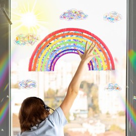 Amabro Rainbow Cloud Window Stickers, 6PCS Non-Adhesive Suncatchers Stickers Prism Vinyl Decals Anti Collision Window Clings for Birds for Home Decor Window Film Glass Panels
