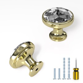 ELEBUILD 10 Pack Clear Crystal Cabinet Knobs, Gold, Kitchen Cupboard Door Handles, Cabinet Handle Drawer Pulls for Wardrobe Bathroom