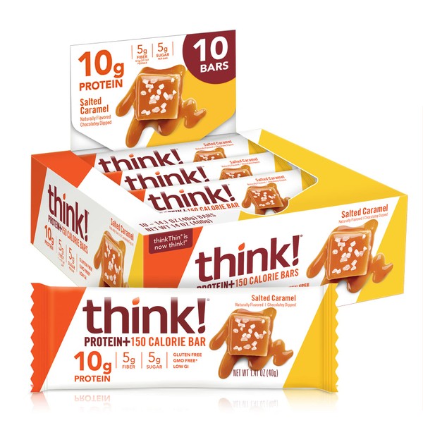 think! Protein Bars with Chicory Root for Fiber, Digestive Support, Gluten Free with Whey Protein Isolate, Salted Caramel, Snack Bars Without Artificial Sweeteners, 1.4 Oz (10 Count)